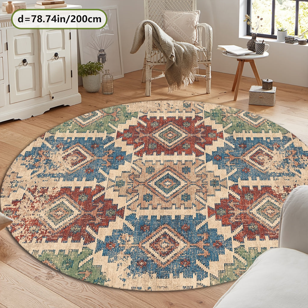 Tapis rond ethnique bleu et rouge patiné, Ø 100 à 200 cm