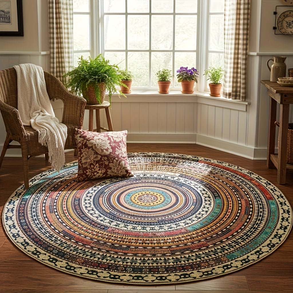 Tapis rond ethnique multicolore à dos PVC, Ø 120 cm lavable