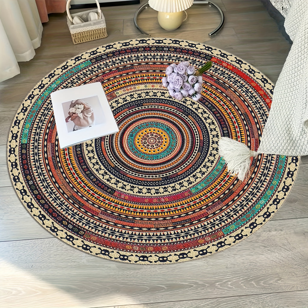 Tapis rond ethnique multicolore à dos PVC, Ø 120 cm lavable