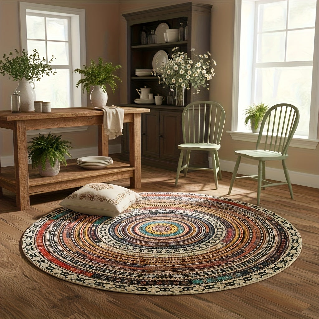 Tapis rond ethnique multicolore à dos PVC, Ø 120 cm lavable