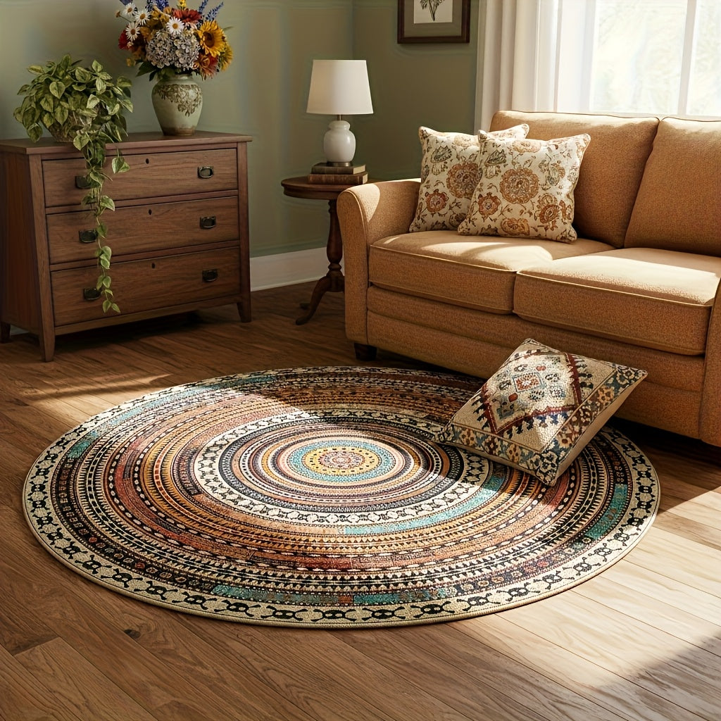 Tapis rond ethnique multicolore à dos PVC, Ø 120 cm lavable