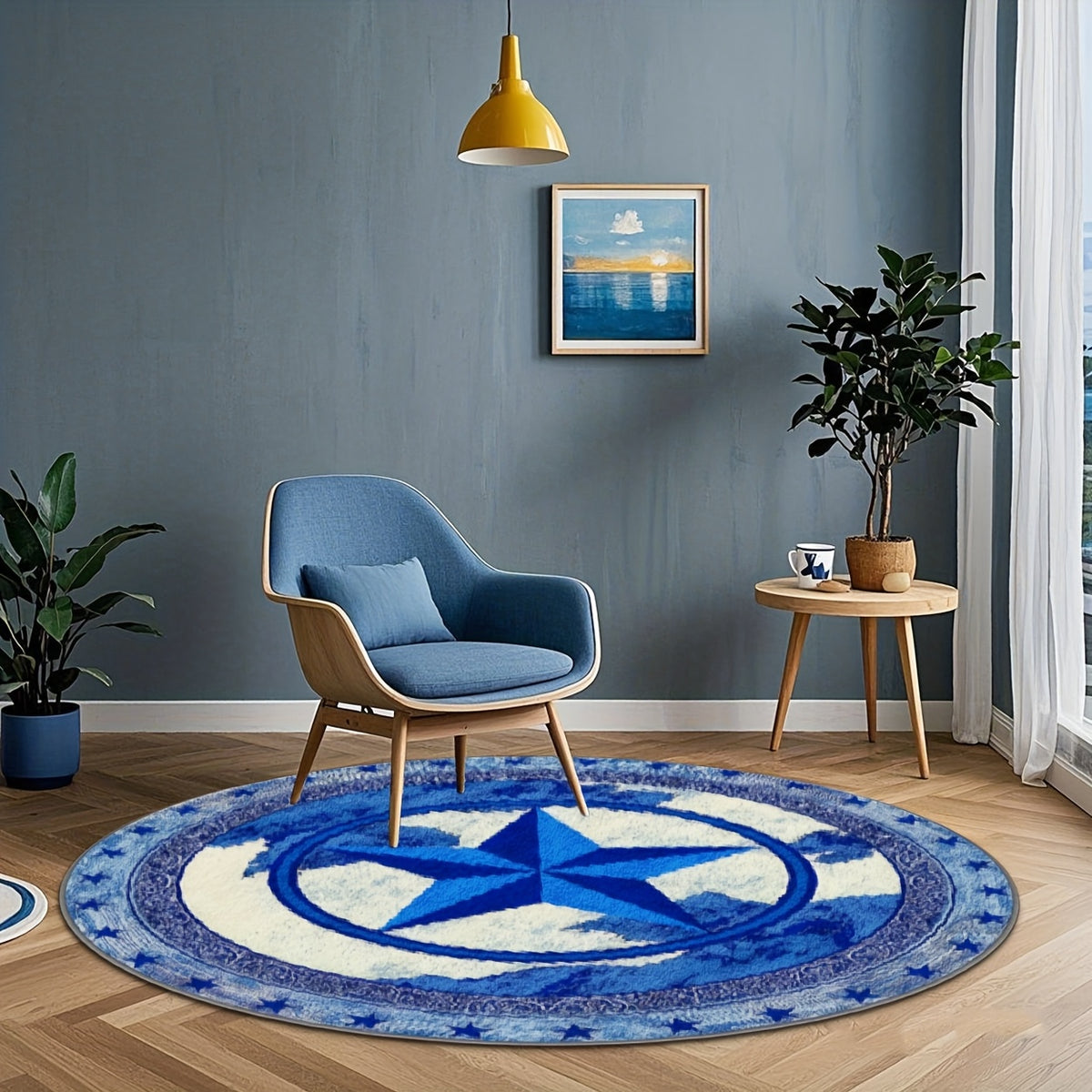 Tapis rond étoile bleue, fond plastique à pois, Ø 200 cm