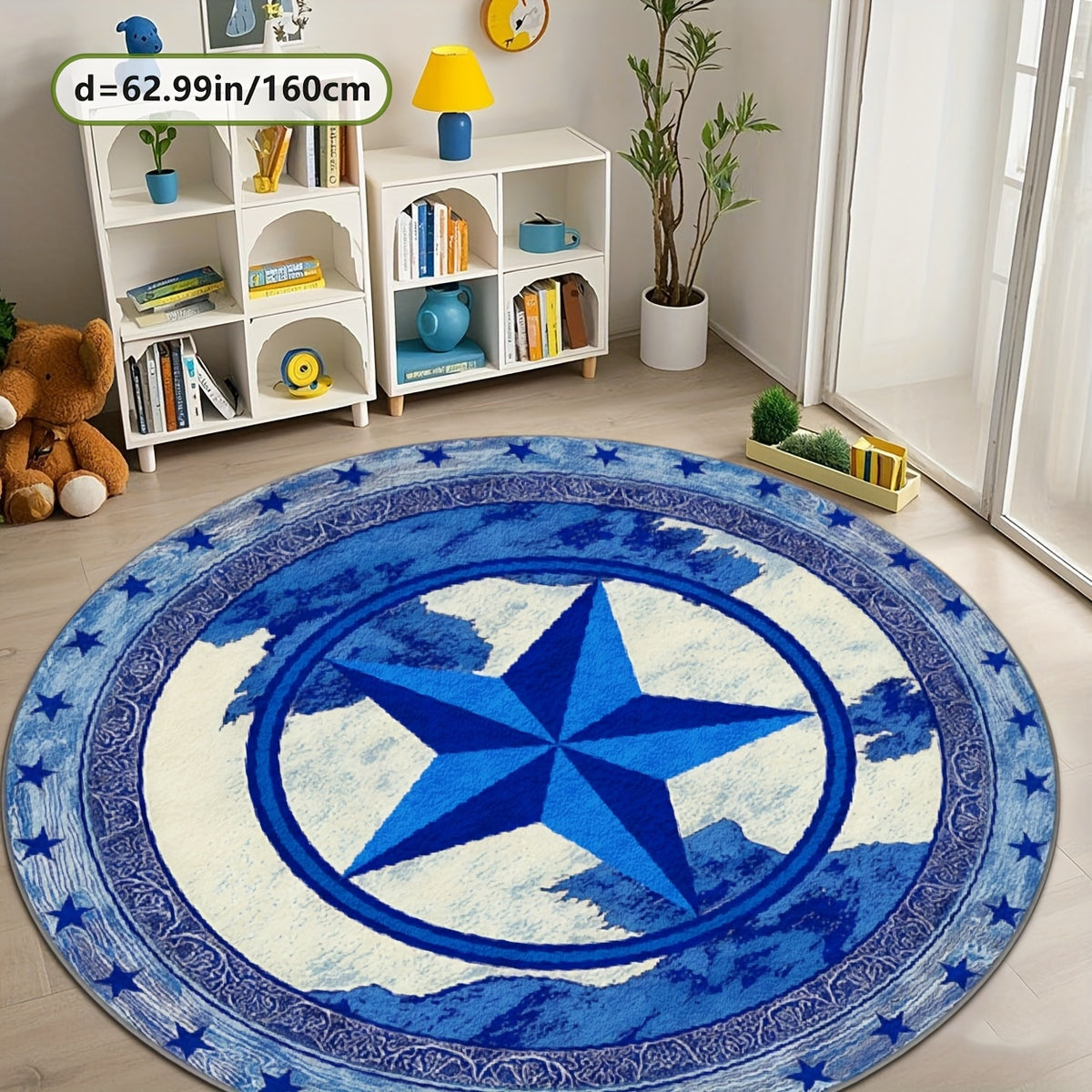 Tapis rond étoile bleue, fond plastique à pois, Ø 200 cm