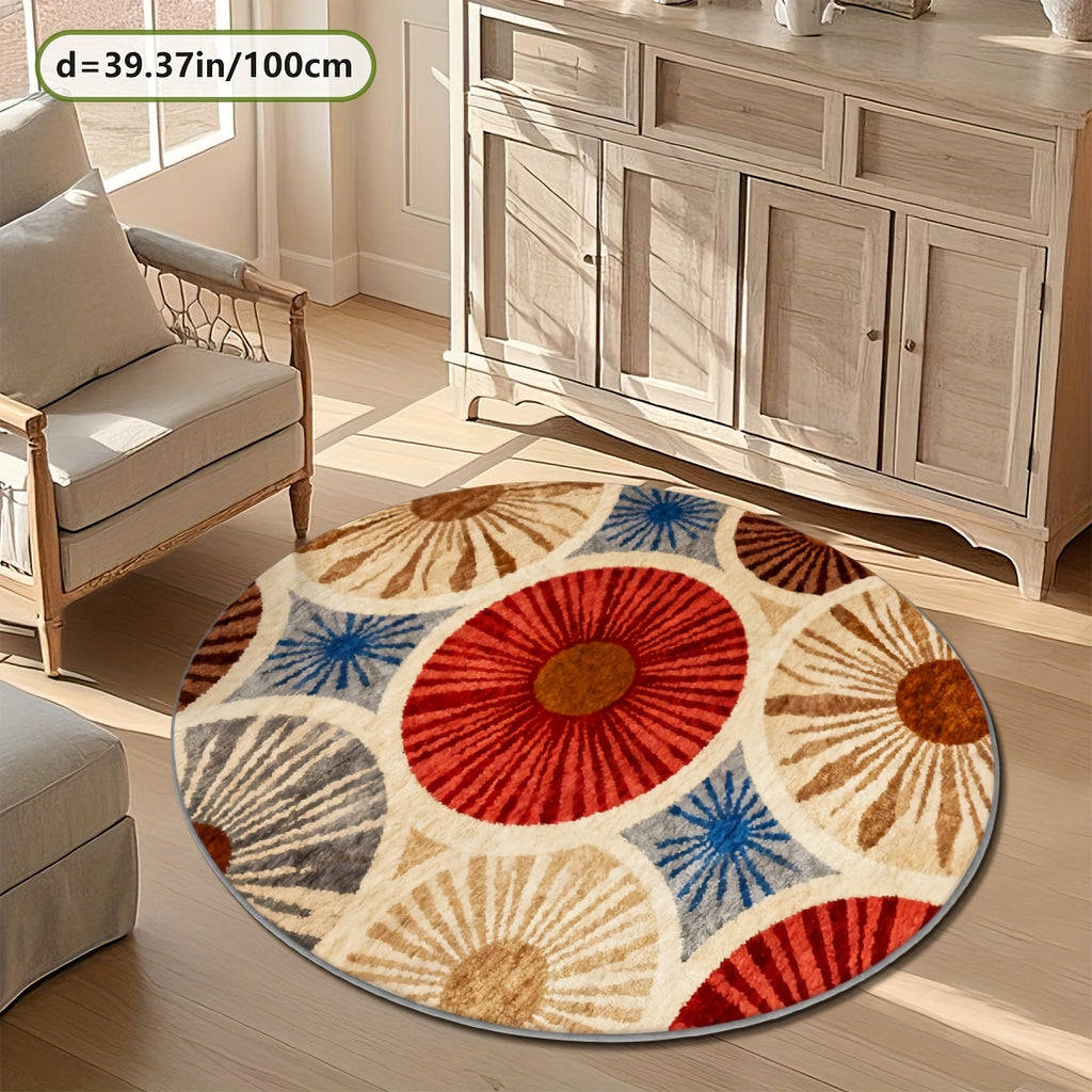 Tapis rond à éventails rétro rouge, bleu et crème, Ø 200 cm