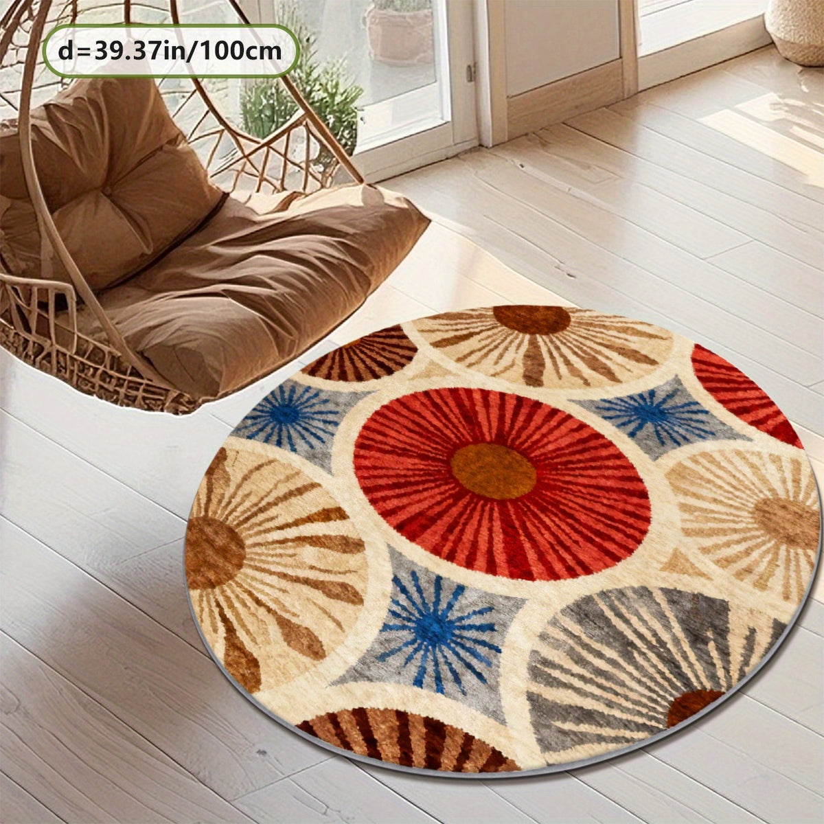 Tapis rond à éventails rétro rouge, bleu et crème, Ø 200 cm