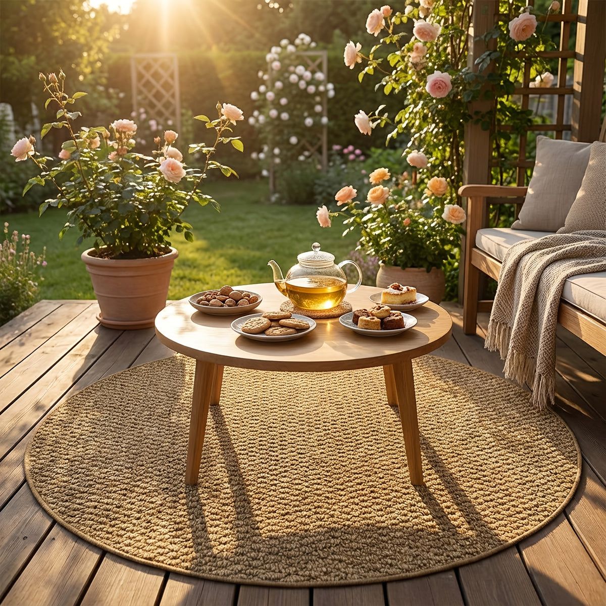 Tapis rond d'extérieur beige, dos PVC et boucle tressée