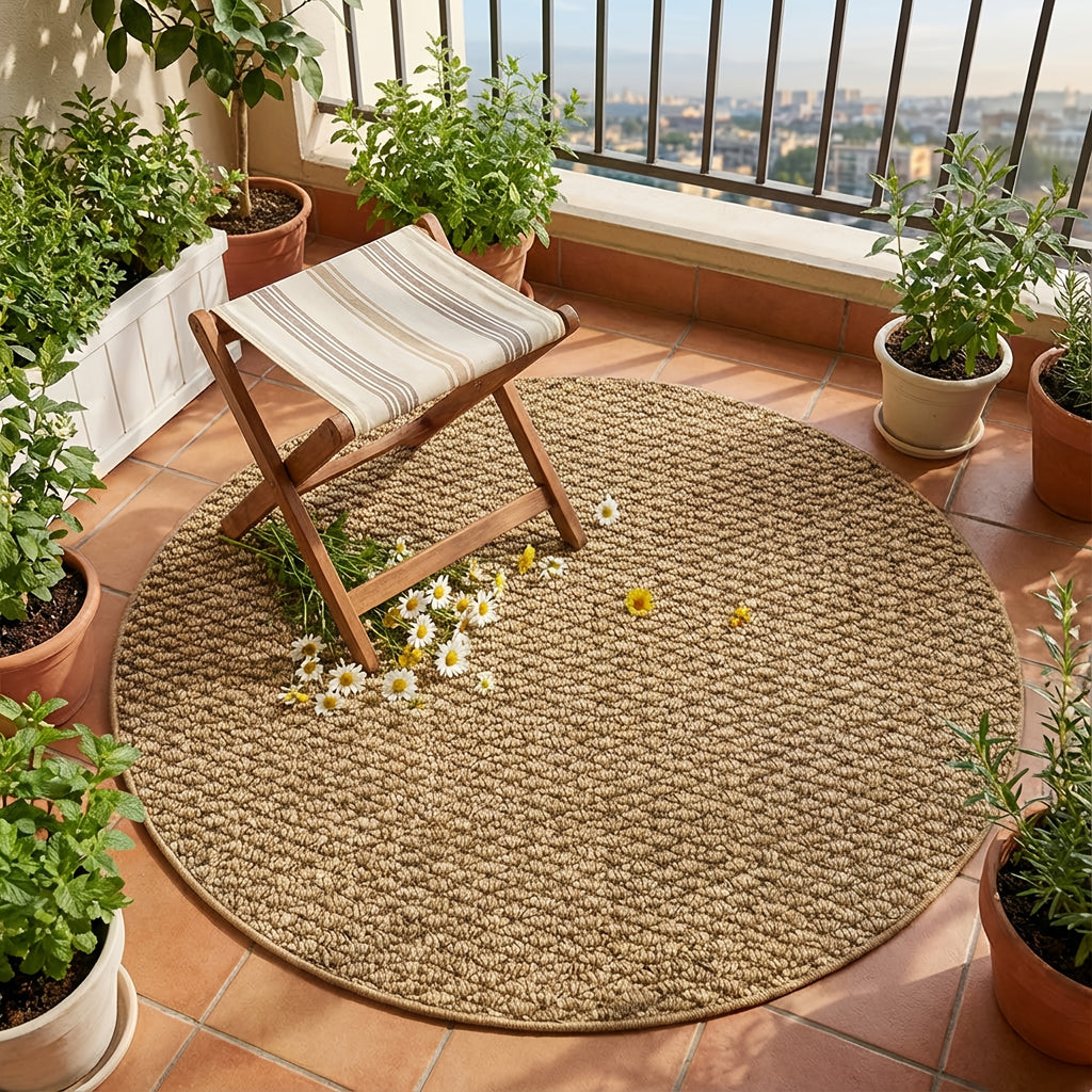 Tapis rond d'extérieur beige, dos PVC et boucle tressée