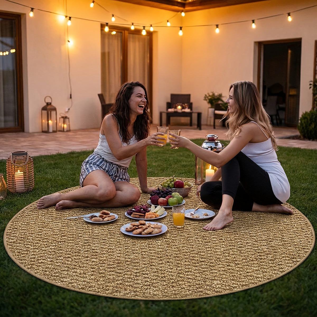 Tapis rond d'extérieur beige, dos PVC et boucle tressée