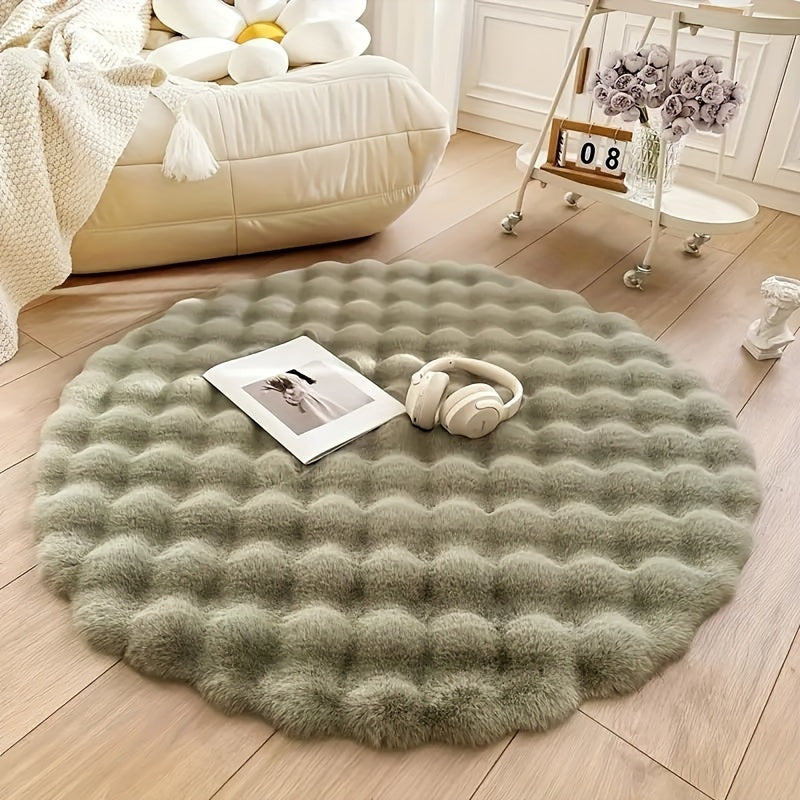 Tapis rond en fausse fourrure gaufrée, bord festonné souple