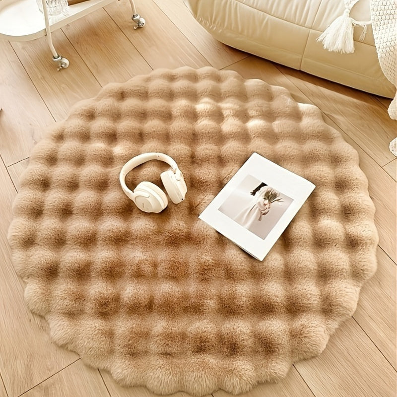 Tapis rond en fausse fourrure gaufrée, bord festonné souple