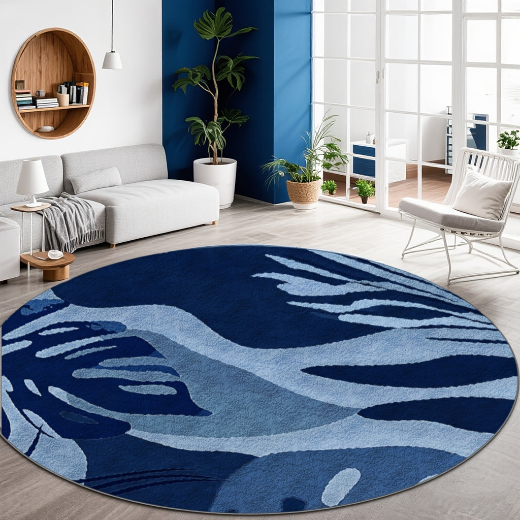 Tapis rond feuillage bleu et blanc, dos plastique à pois