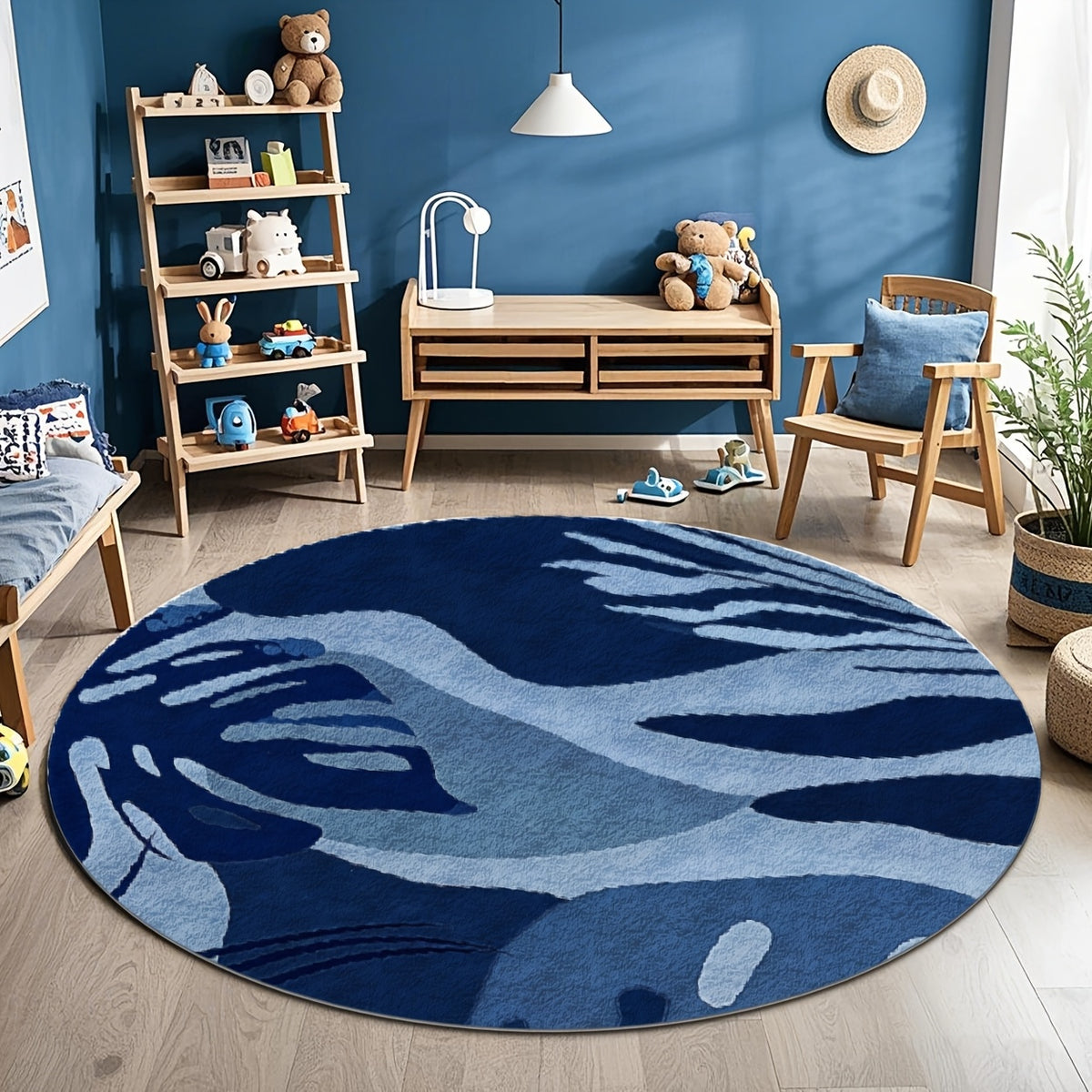 Tapis rond feuillage bleu et blanc, dos plastique à pois