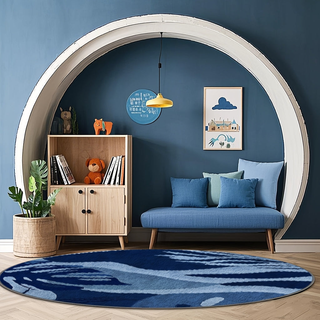 Tapis rond feuillage bleu et blanc, dos plastique à pois