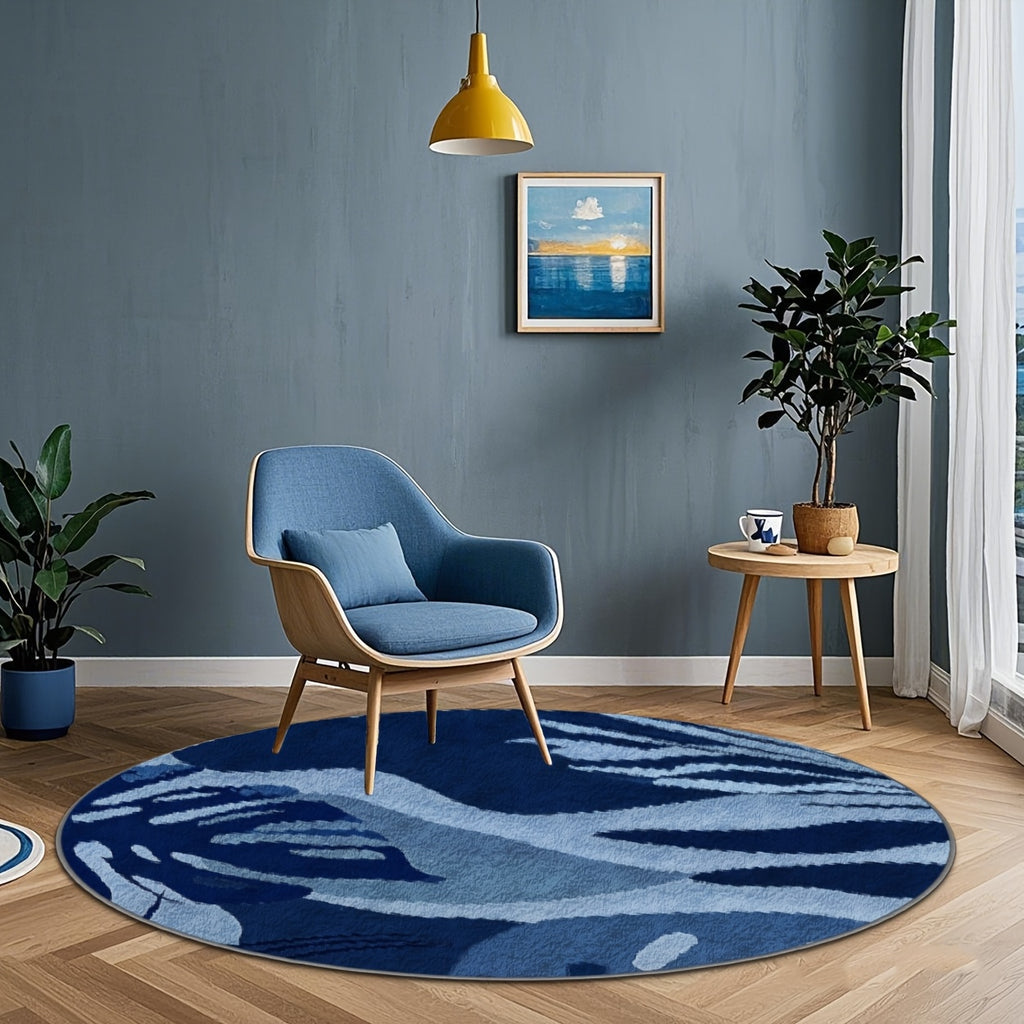 Tapis rond feuillage bleu et blanc, dos plastique à pois