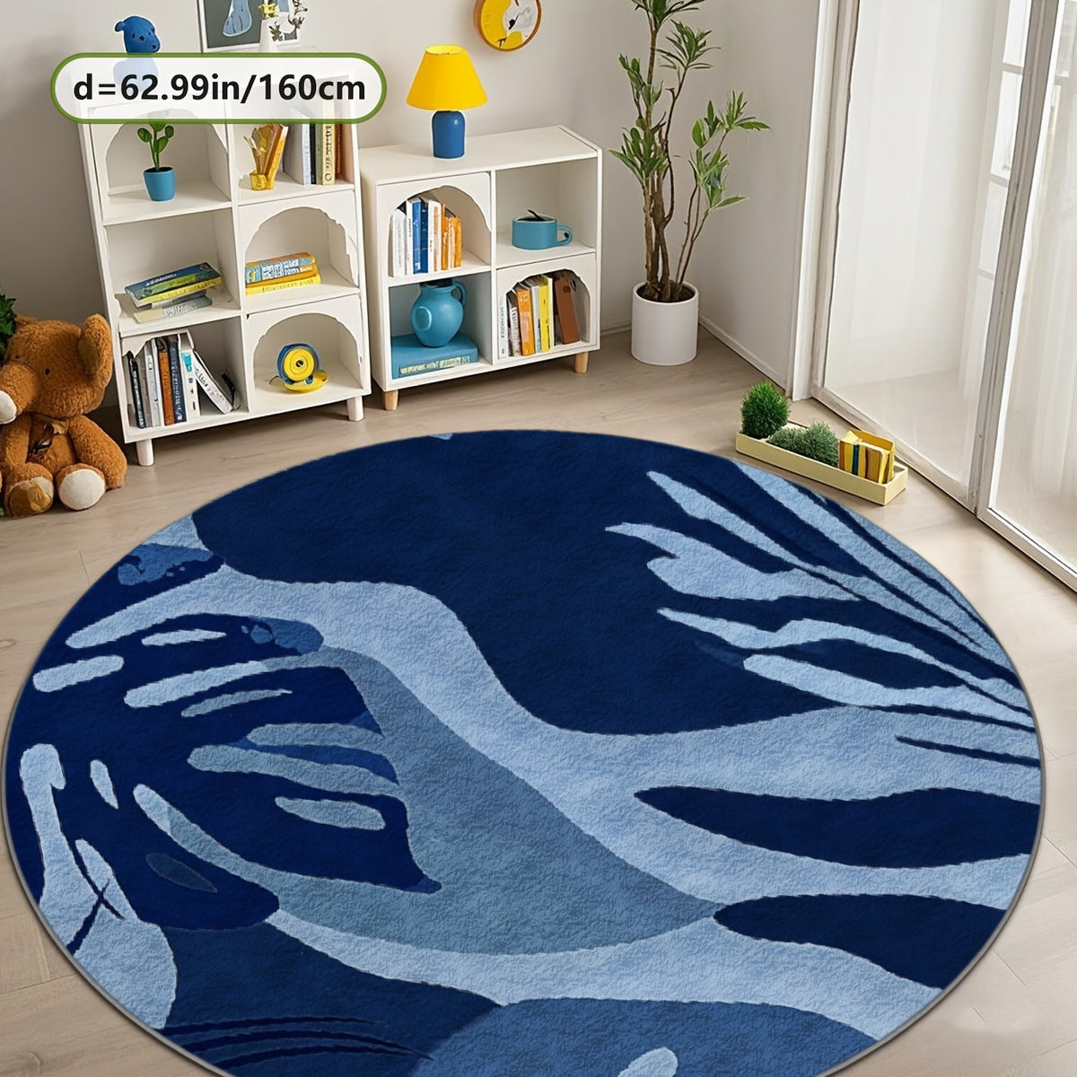 Tapis rond feuillage bleu et blanc, dos plastique à pois