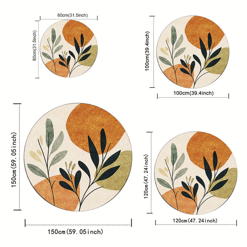 Tapis rond feuillage nordique, crème, orange et bleu nuit