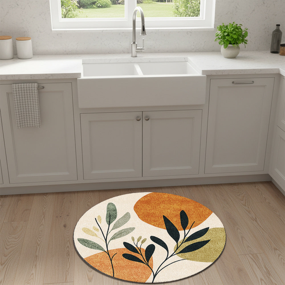 Tapis rond feuillage nordique, crème, orange et bleu nuit