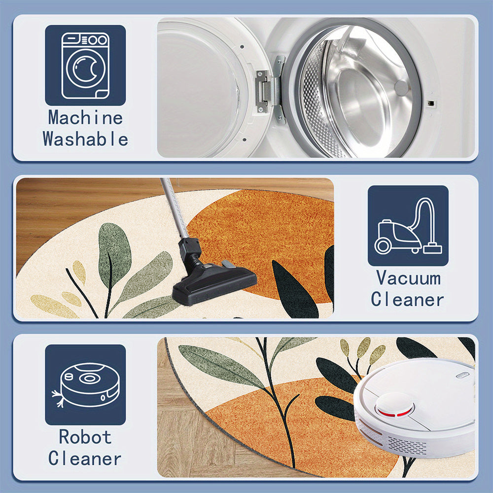 Tapis rond feuillage nordique, crème, orange et bleu nuit