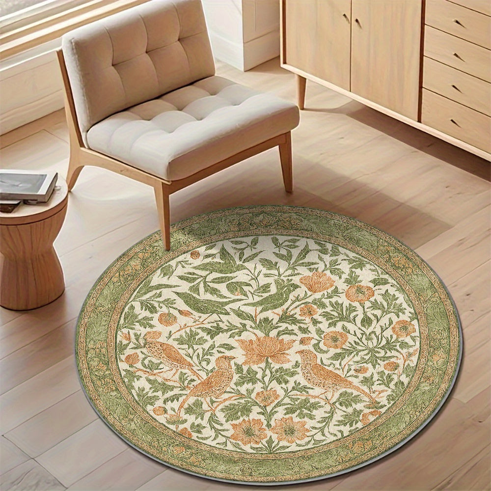 Tapis rond feuillage et oiseaux vert et abricot, Ø 120 à 200