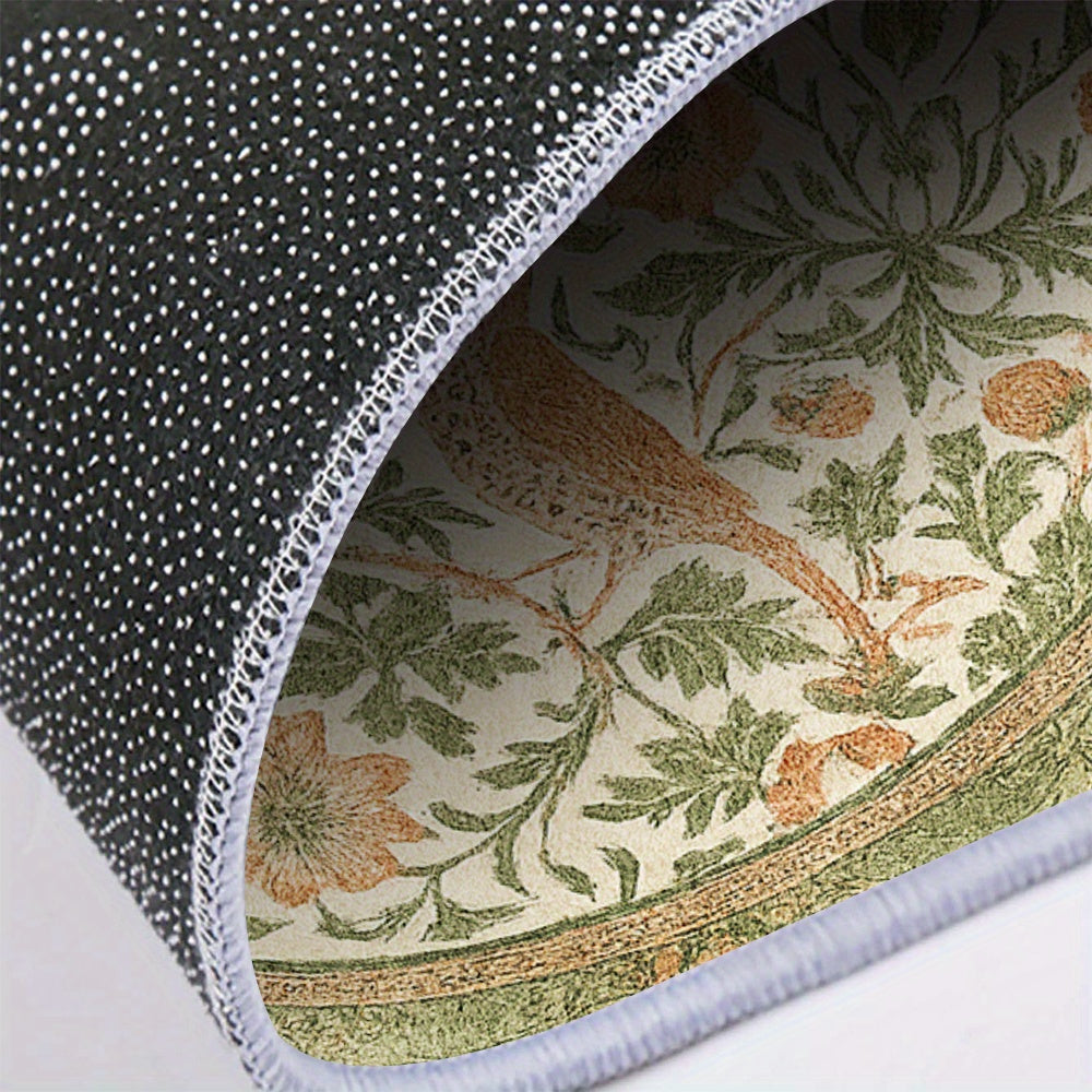 Tapis rond feuillage et oiseaux vert et abricot, Ø 120 à 200