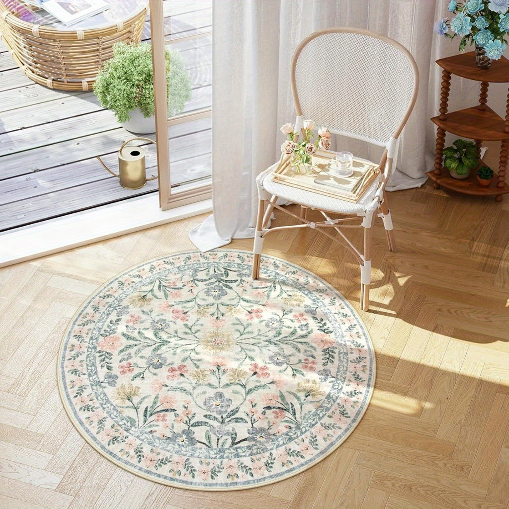 Tapis rond fleuri crème et vert d'eau, format unique Ø 180