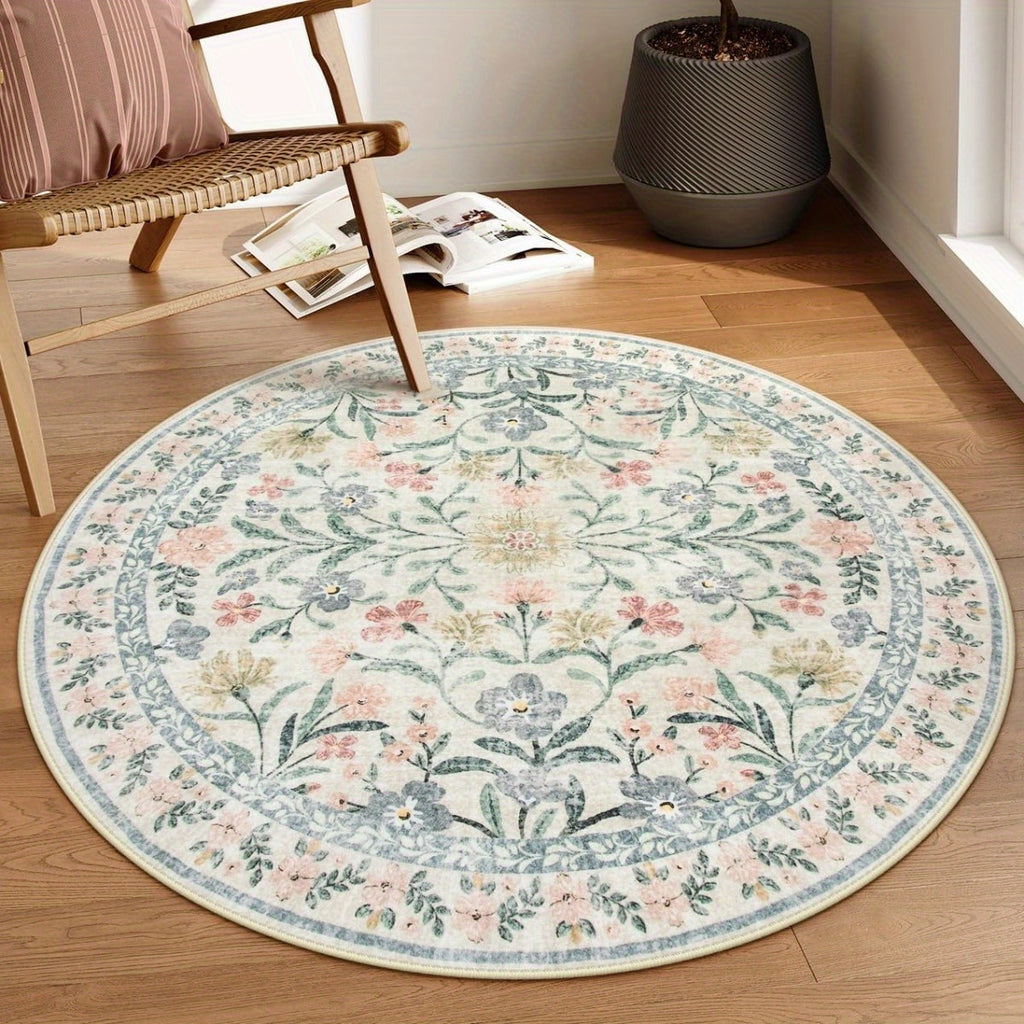 Tapis rond fleuri crème et vert d'eau, format unique Ø 180