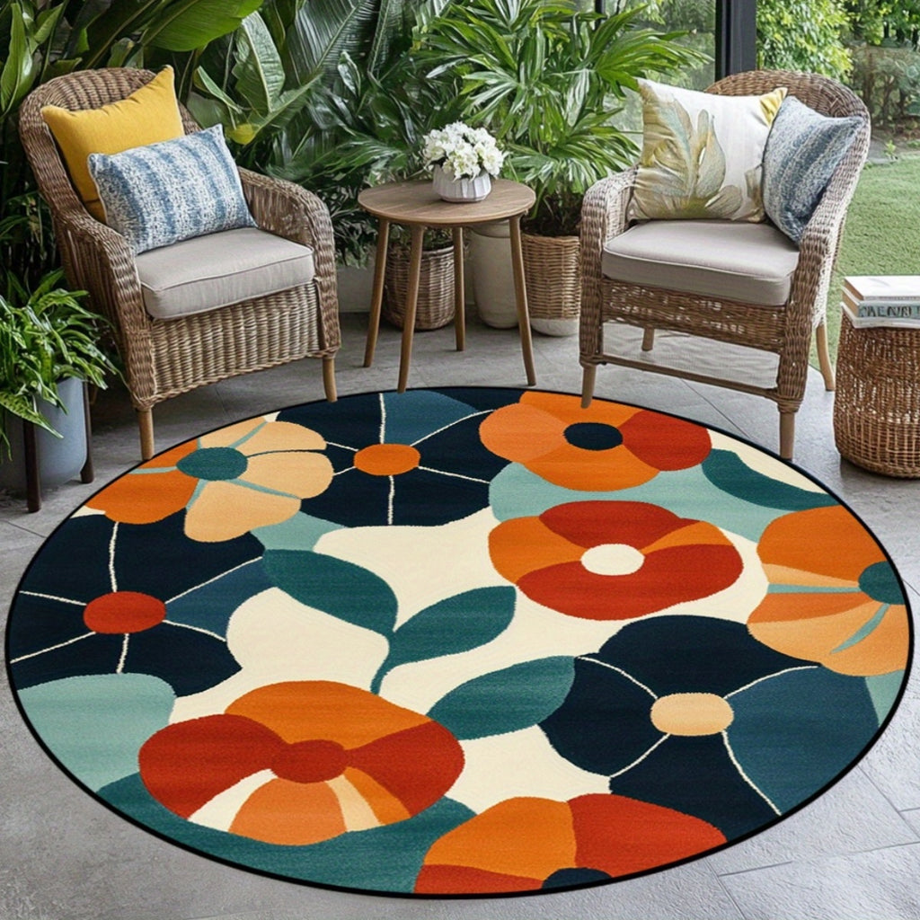 Tapis rond à fleurs rétro bleu nuit, orange et vert d'eau