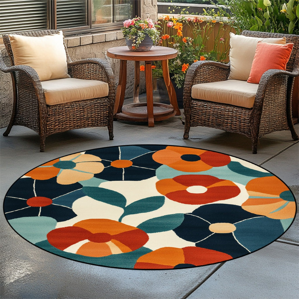 Tapis rond à fleurs rétro bleu nuit, orange et vert d'eau