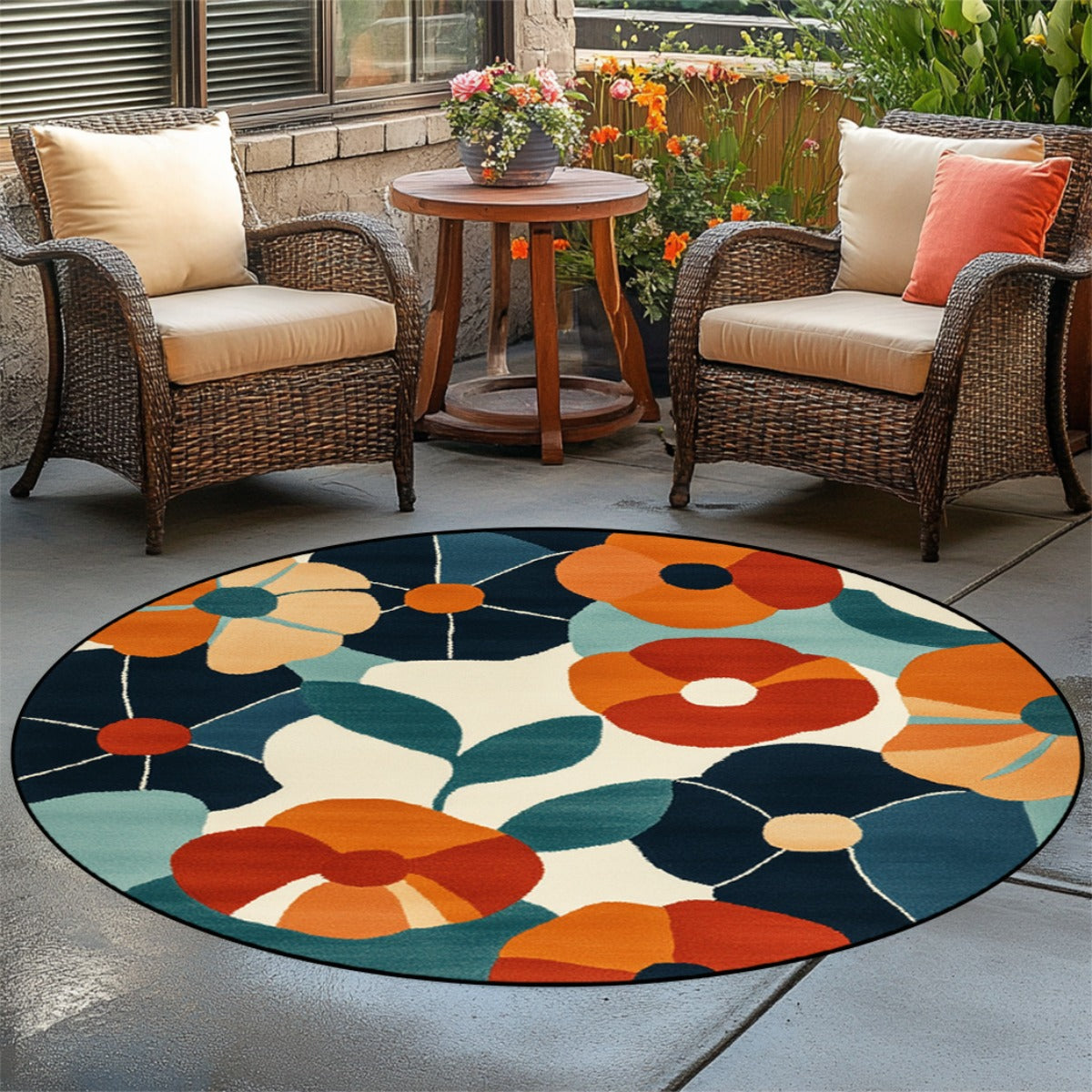 Tapis rond à fleurs rétro bleu nuit, orange et vert d'eau