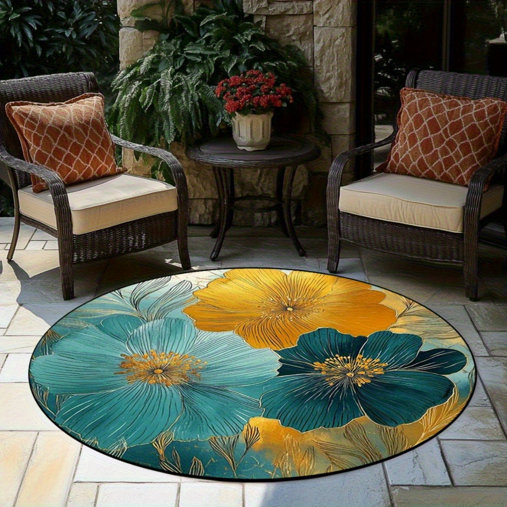 Tapis rond à fleurs sarcelle et or, en 140, 180 ou 200 cm
