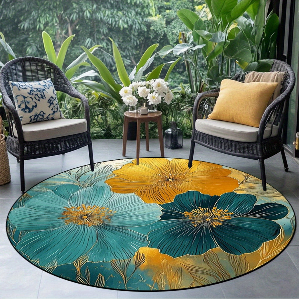 Tapis rond à fleurs sarcelle et or, en 140, 180 ou 200 cm
