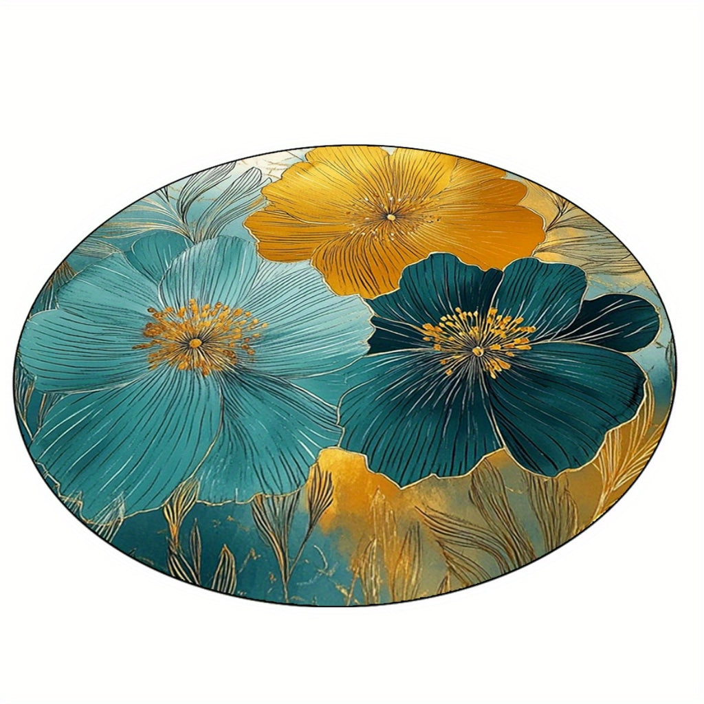 Tapis rond à fleurs sarcelle et or, en 140, 180 ou 200 cm
