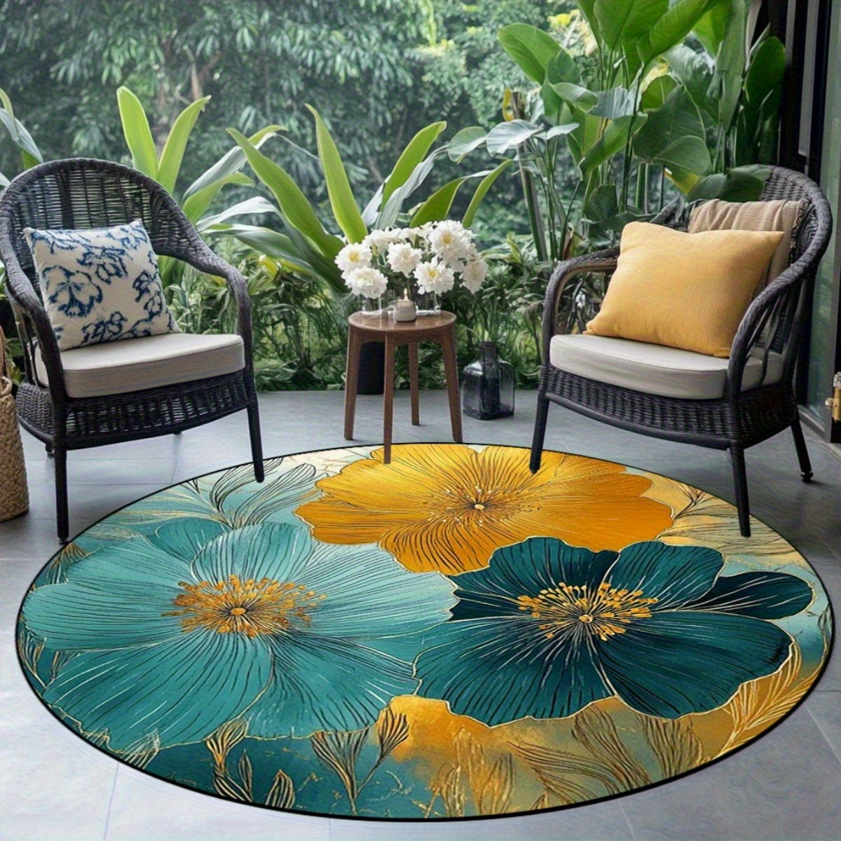Tapis rond à fleurs sarcelle et or, en 140, 180 ou 200 cm