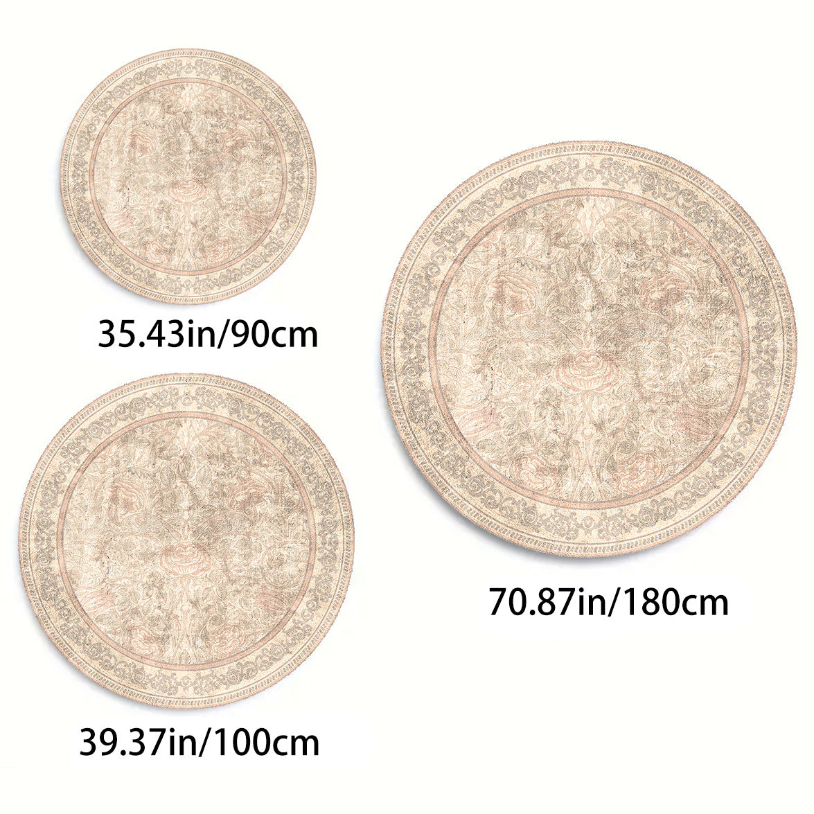 Tapis rond floral vintage crème et rose, Ø 90 ou Ø 180 cm