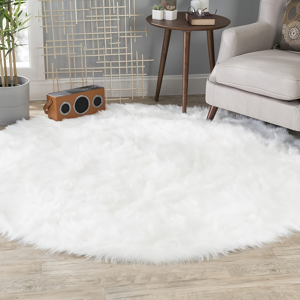 Tapis rond blanc, fausse fourrure à poil long, Ø 60 cm lavable