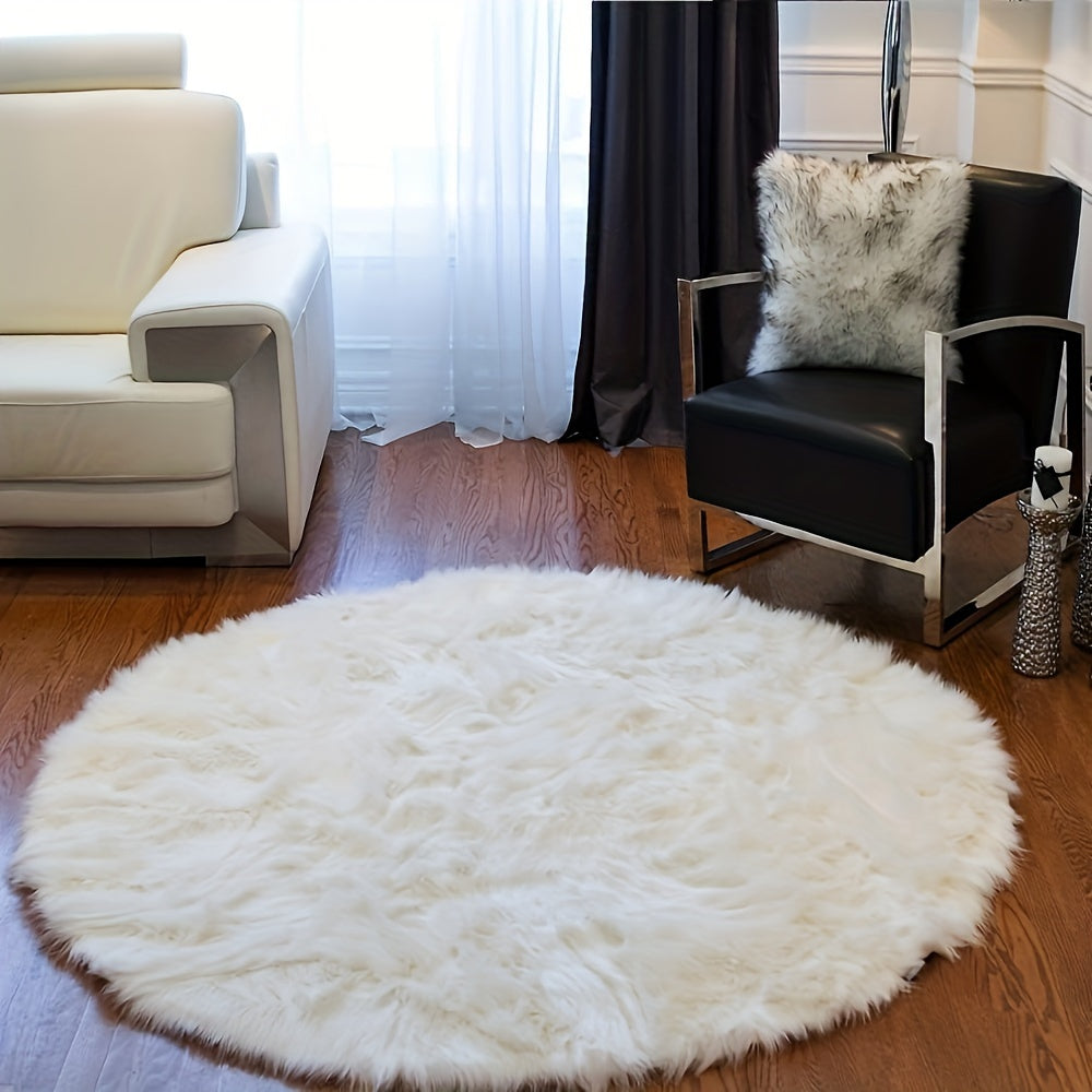 Tapis rond blanc, fausse fourrure à poil long, Ø 60 cm lavable