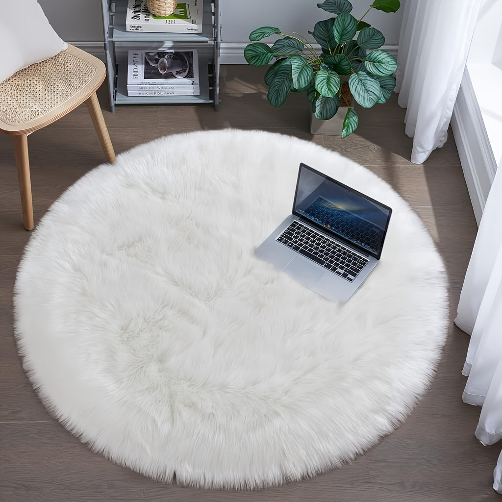 Tapis rond blanc, fausse fourrure à poil long, Ø 60 cm lavable
