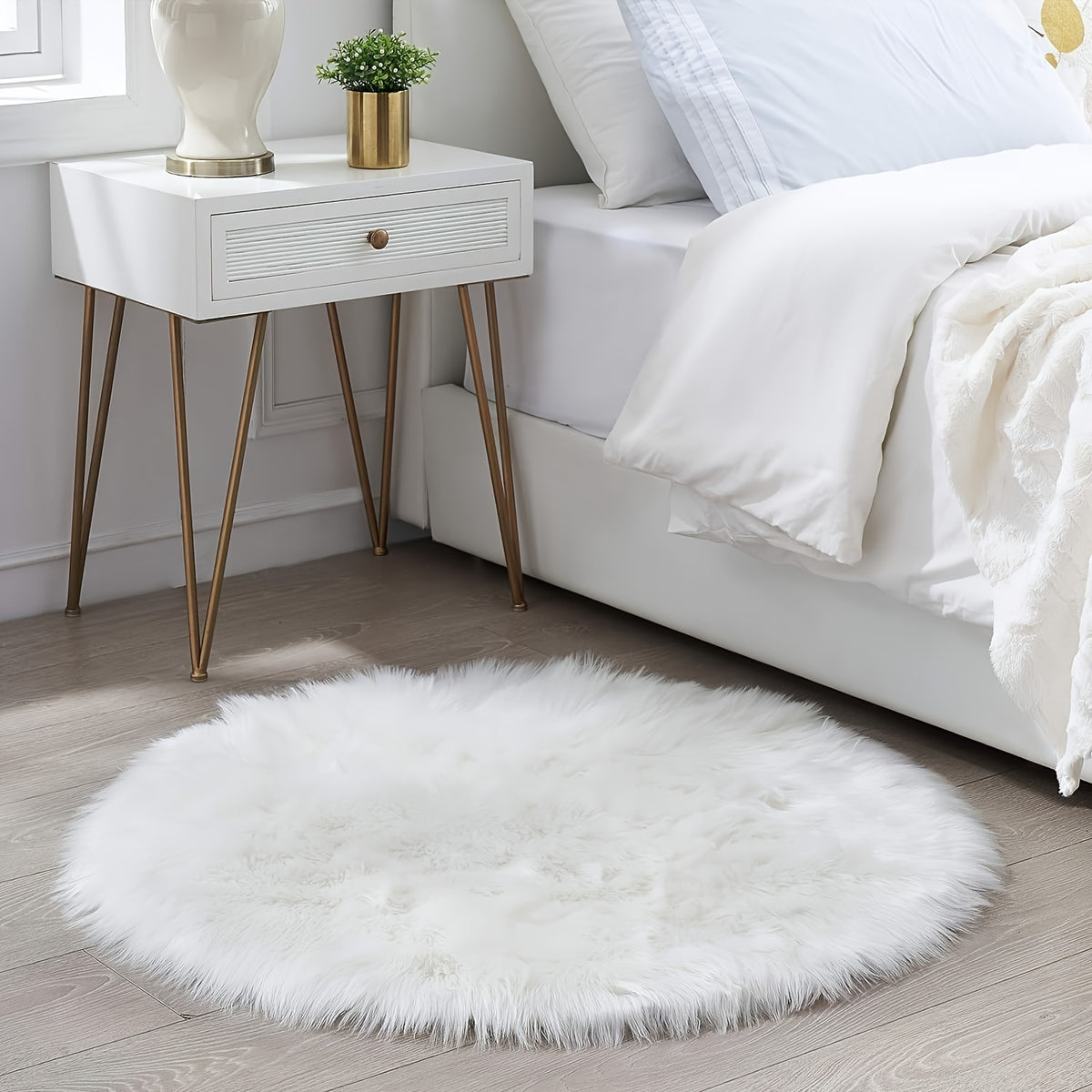 Tapis rond blanc, fausse fourrure à poil long, Ø 60 cm lavable