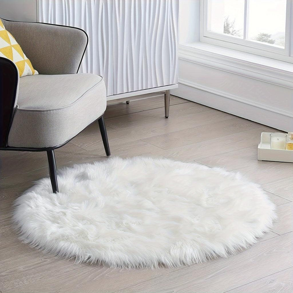 Tapis rond blanc, fausse fourrure à poil long, Ø 60 cm lavable