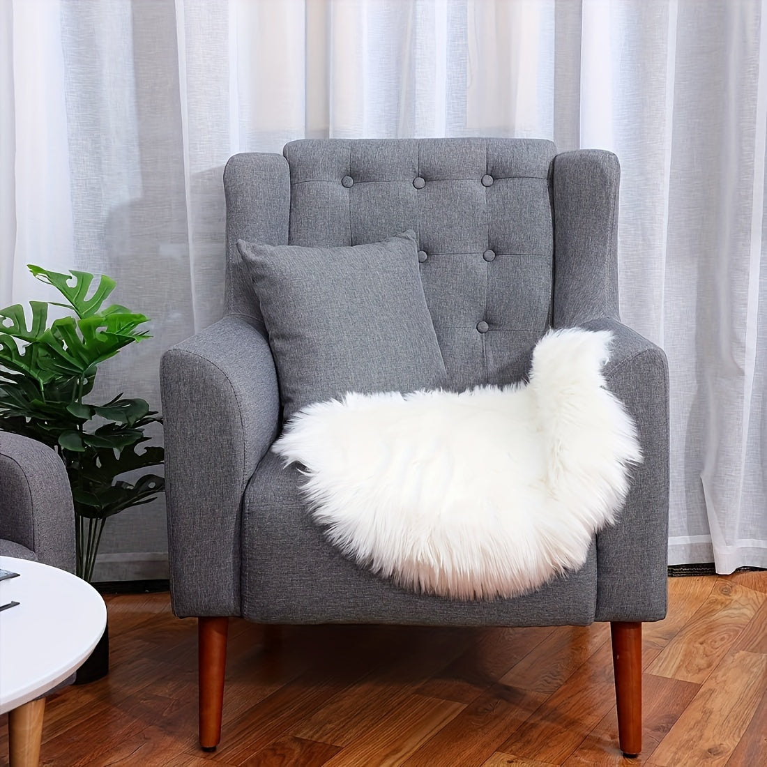 Tapis rond blanc, fausse fourrure à poil long, Ø 60 cm lavable