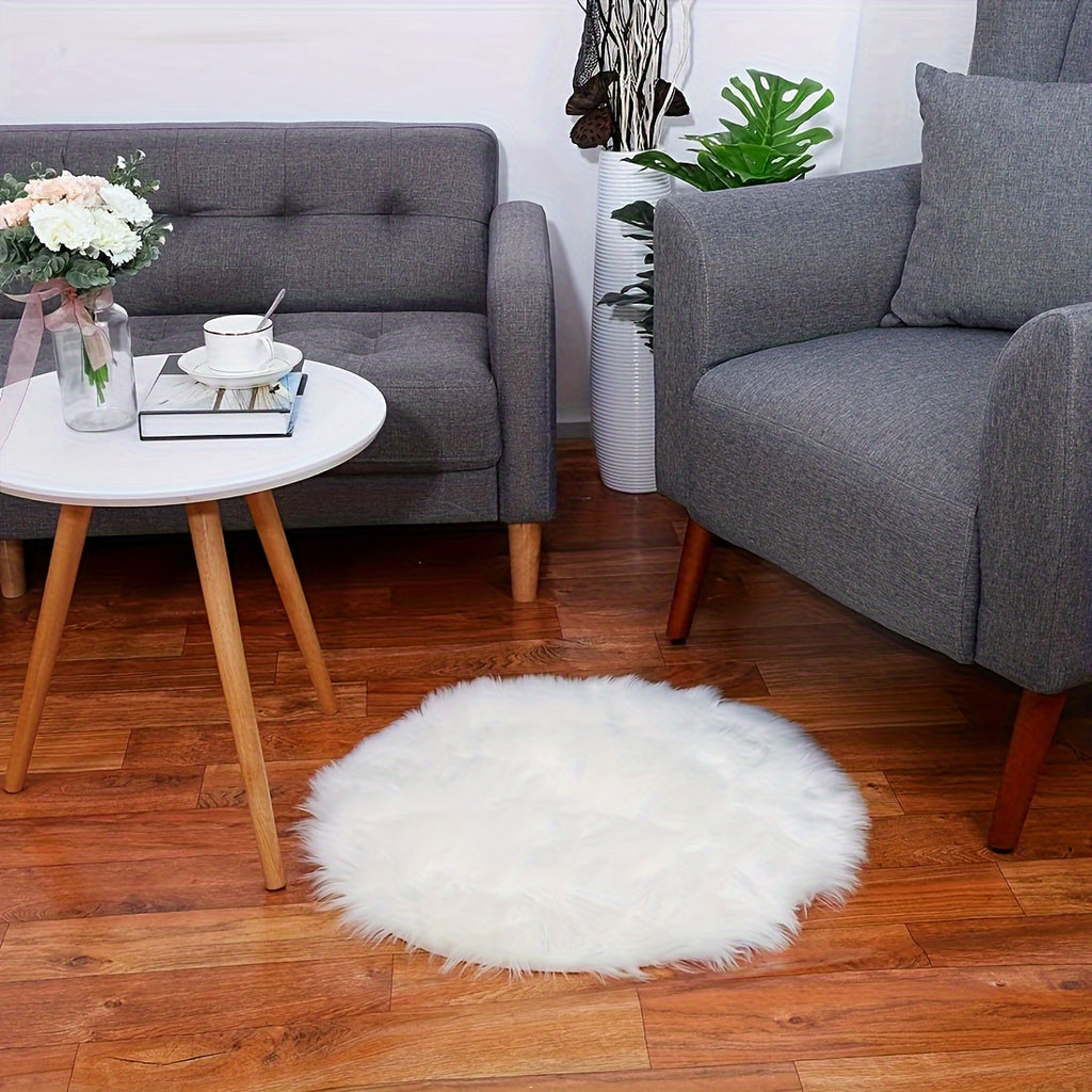 Tapis rond blanc, fausse fourrure à poil long, Ø 60 cm lavable