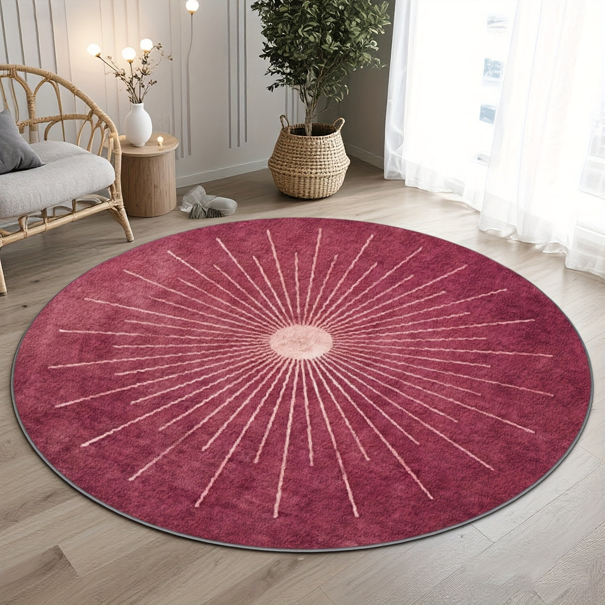 Tapis rond rose framboise à rayons, motif soleil central