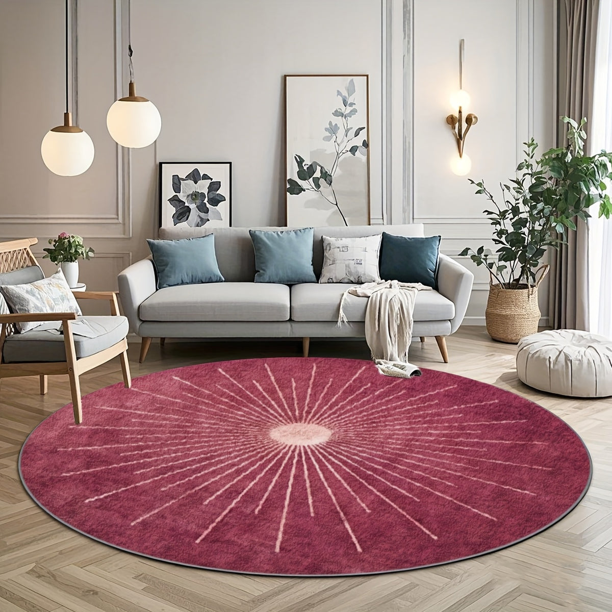 Tapis rond rose framboise à rayons, motif soleil central