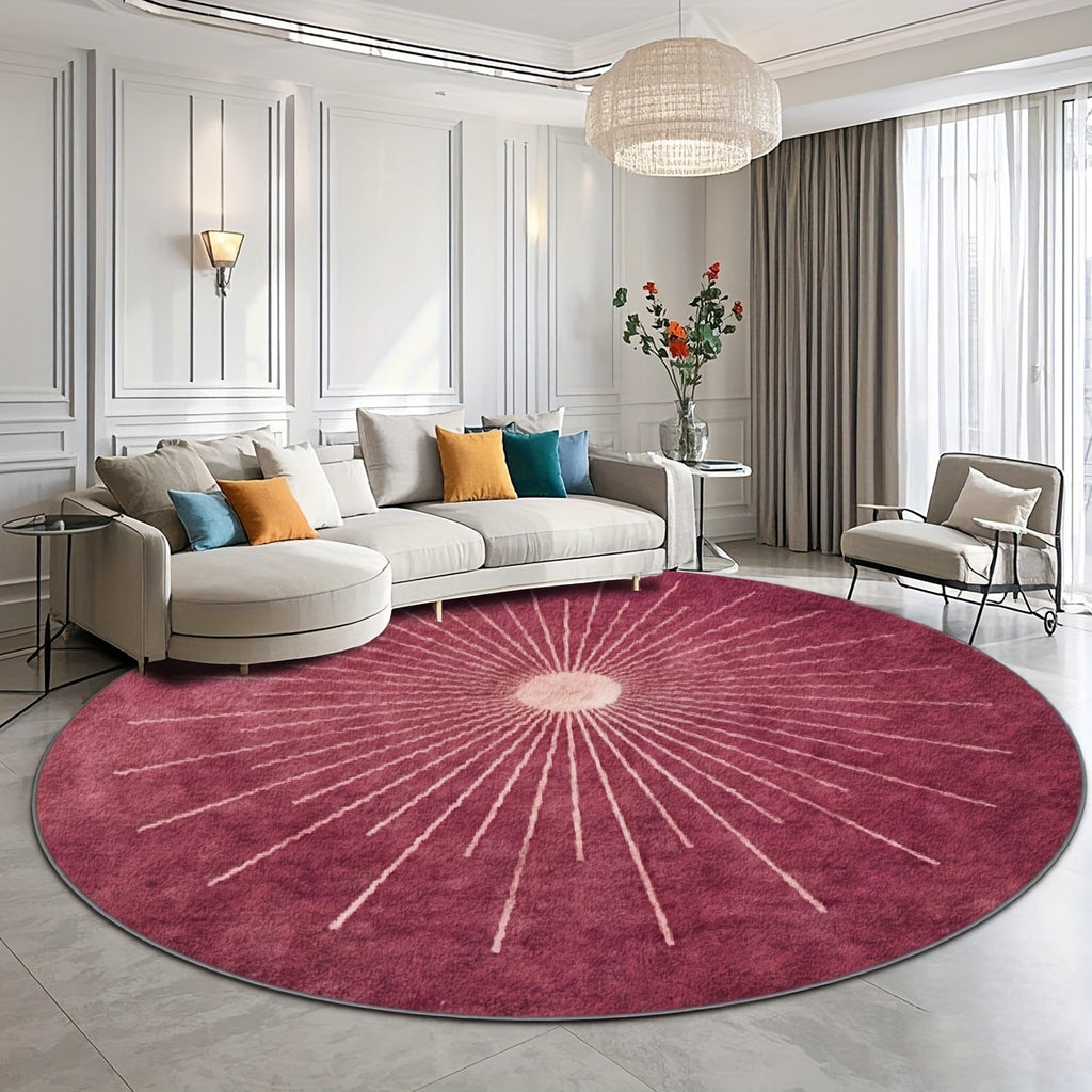 Tapis rond rose framboise à rayons, motif soleil central