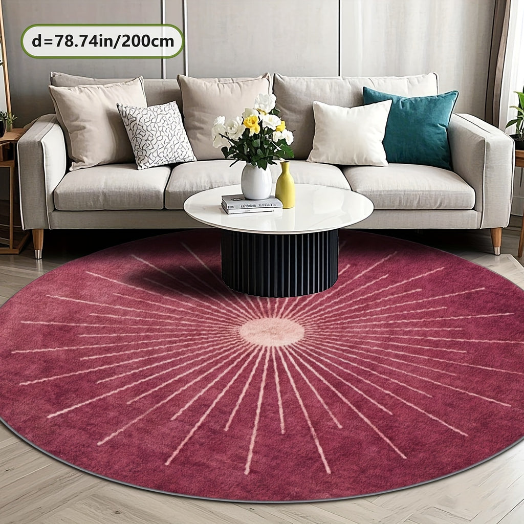 Tapis rond rose framboise à rayons, motif soleil central