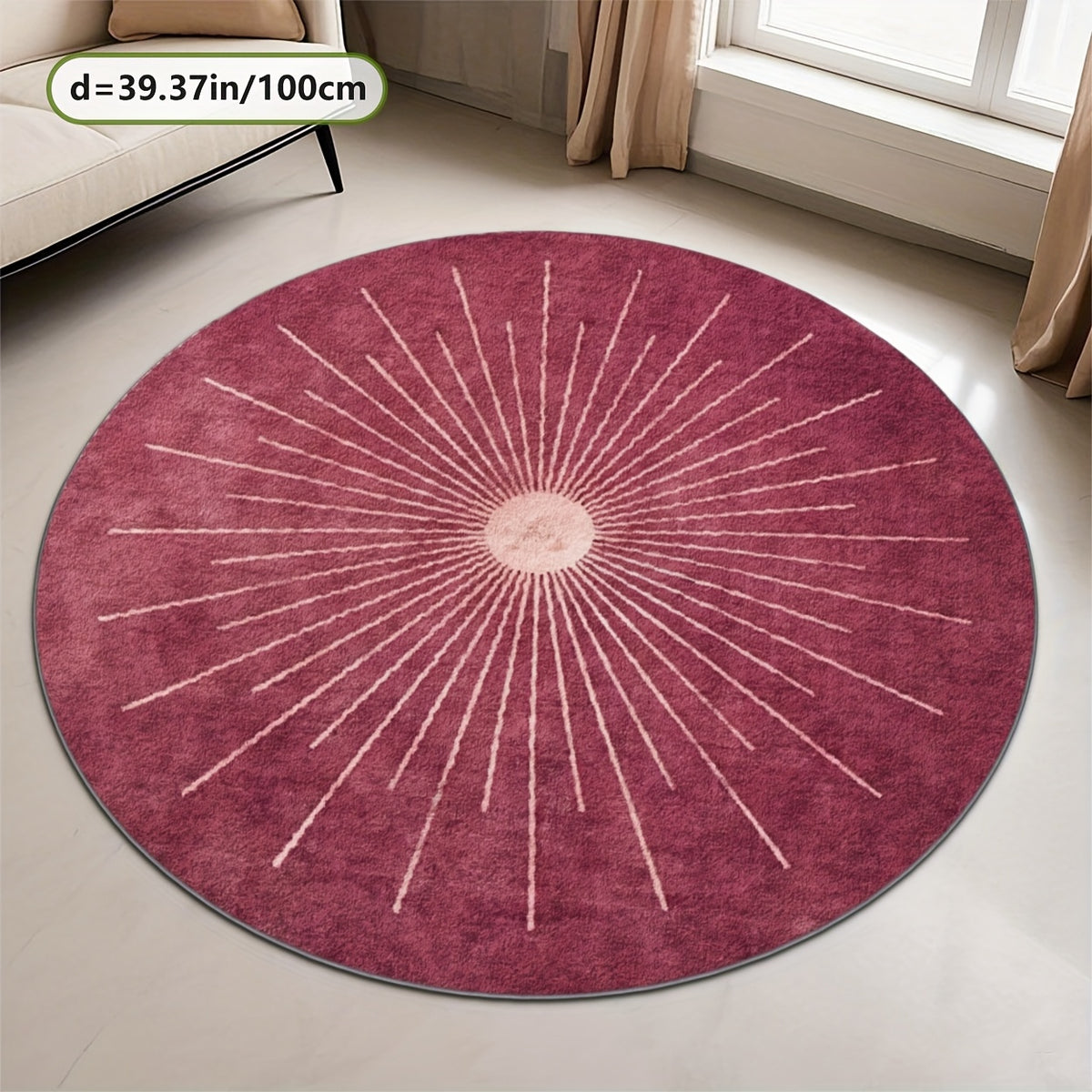 Tapis rond rose framboise à rayons, motif soleil central