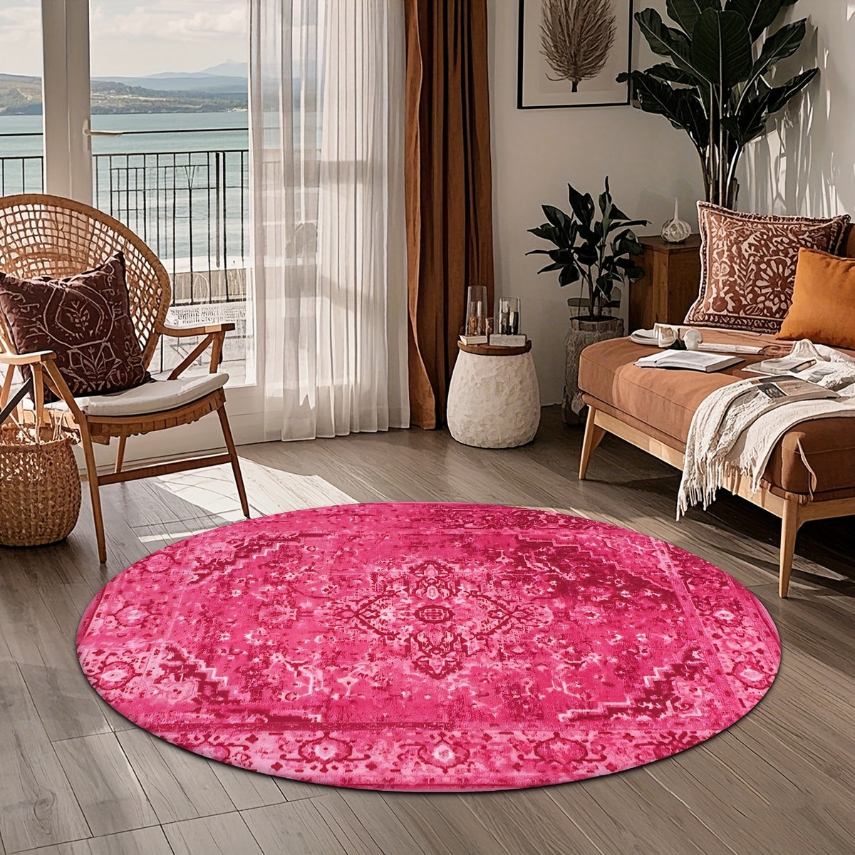 Tapis rond fuchsia à médaillon persan surteint, Ø 100 cm unique