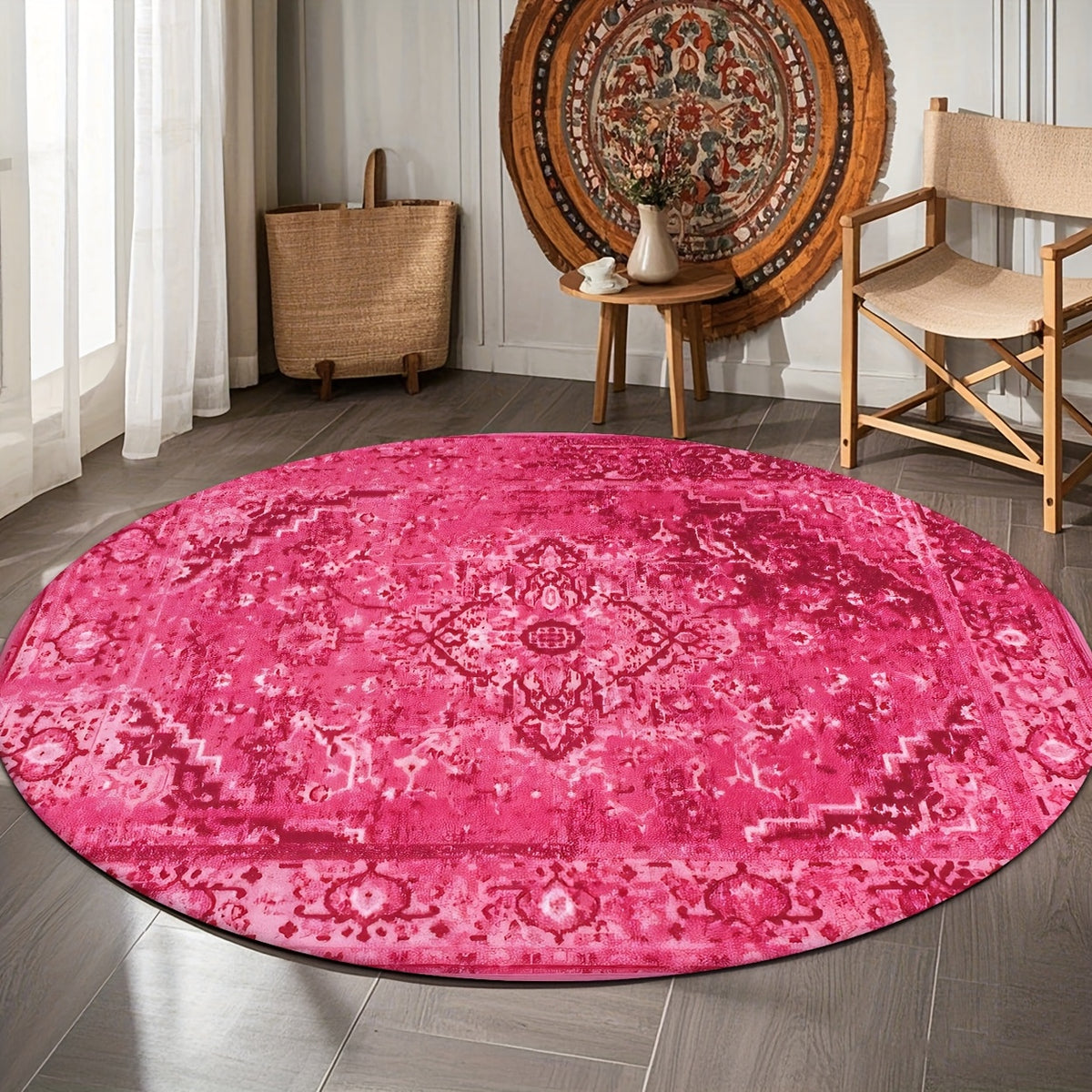 Tapis rond fuchsia à médaillon persan surteint, Ø 100 cm unique