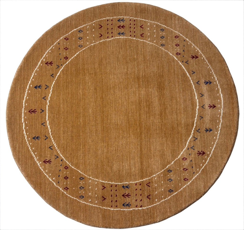 Tapis rond Gabbeh en laine nouée main 120 cm, ton camel