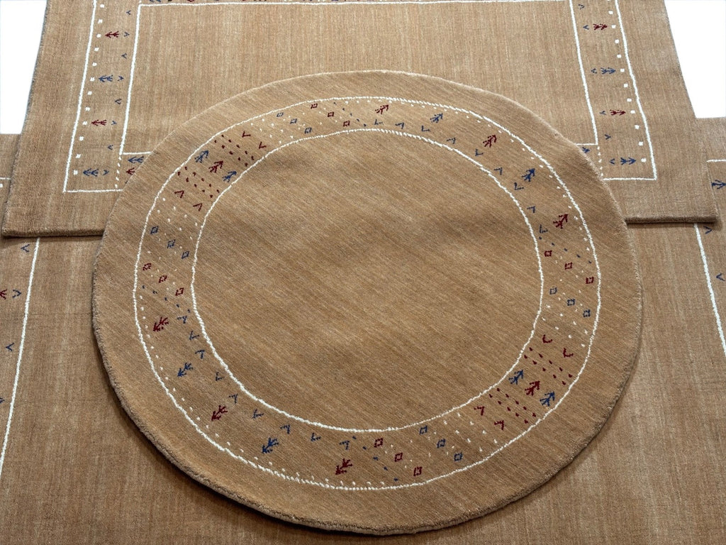 Tapis rond Gabbeh en laine nouée main 120 cm, ton camel